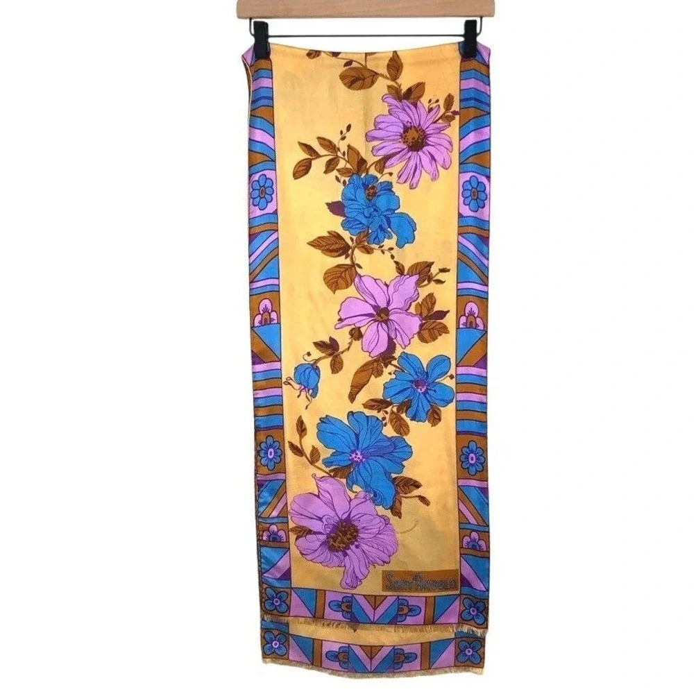 VTG Sant'Angelo Floral Geometric Oblong Scarf Blue Purple Gold‎ Fringe 14